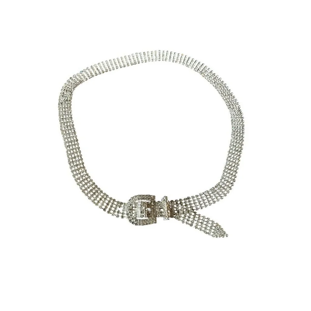 Vintage Rhinestone Crystal Wide Mesh Chain Belt Women One Size Silver Glam Y2K